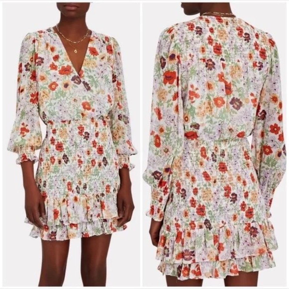 Veronica Beard Saera Floral Smocked Mini Dress Long Sleeve V-Neck Size 10